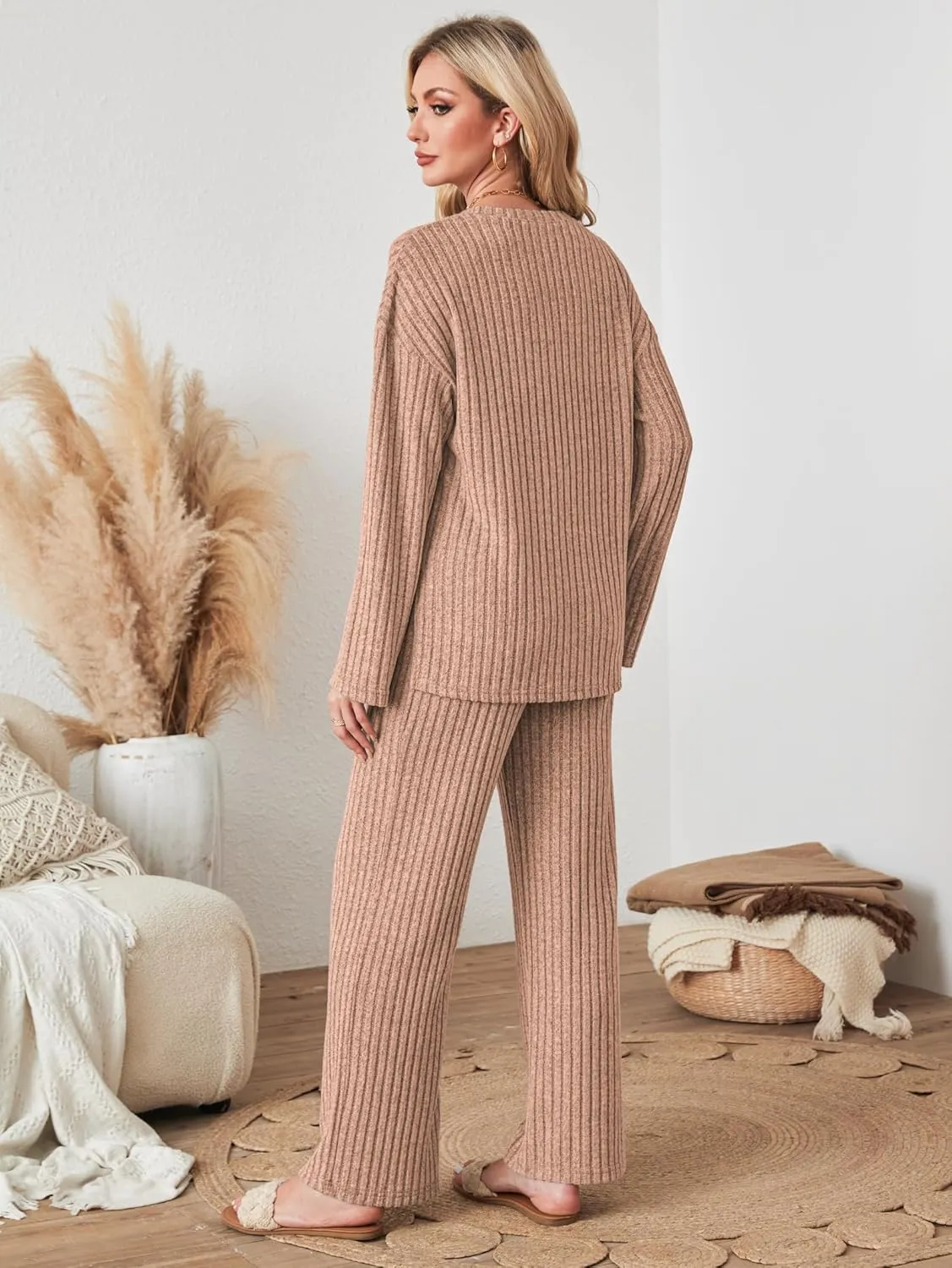 Womens Sets 2 Piece Outfits Matching Lounge Set Cozy Knit Pajamas Oversized Loungewear Fall Winter Clothes S-2XL