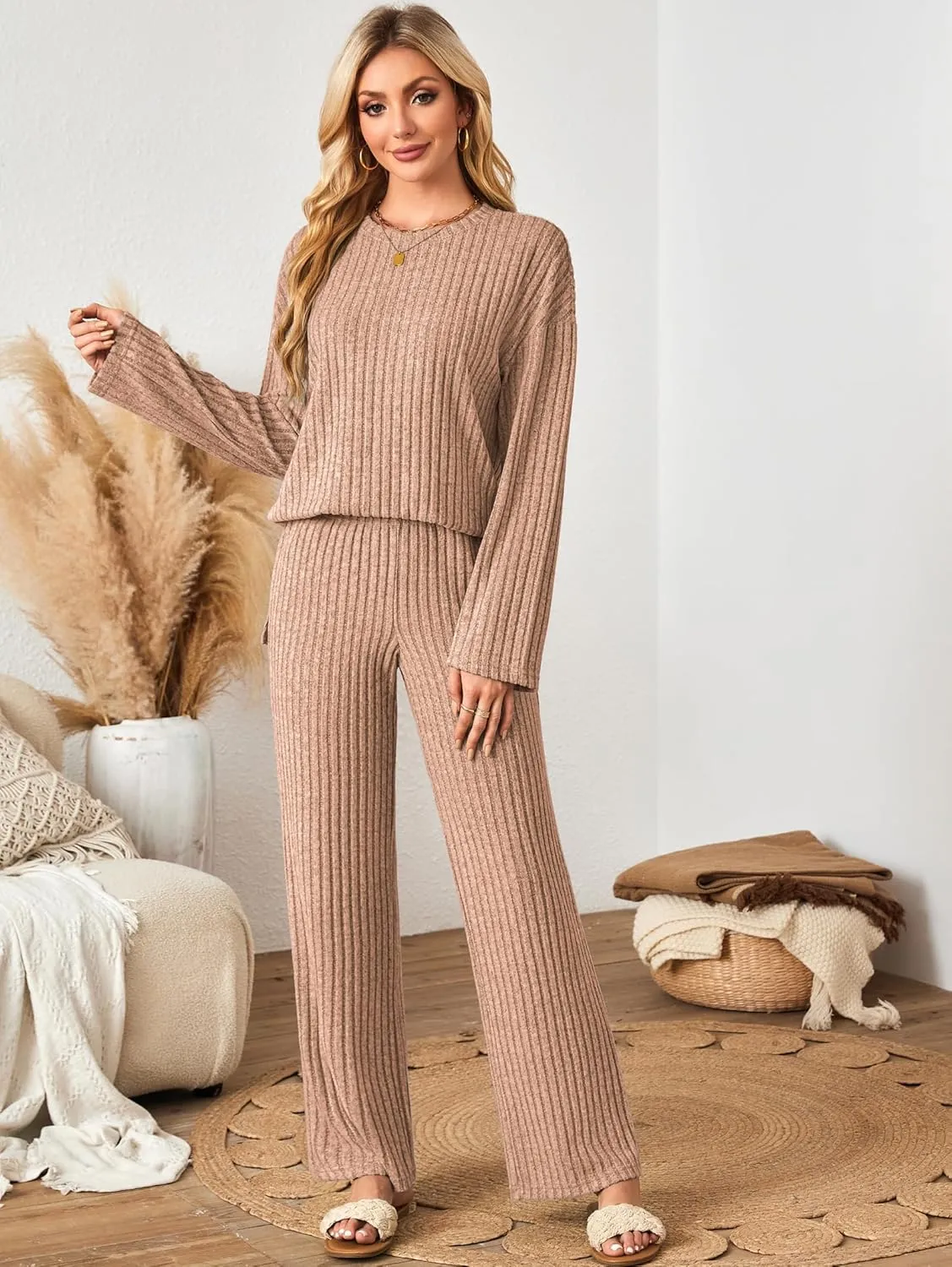 Womens Sets 2 Piece Outfits Matching Lounge Set Cozy Knit Pajamas Oversized Loungewear Fall Winter Clothes S-2XL