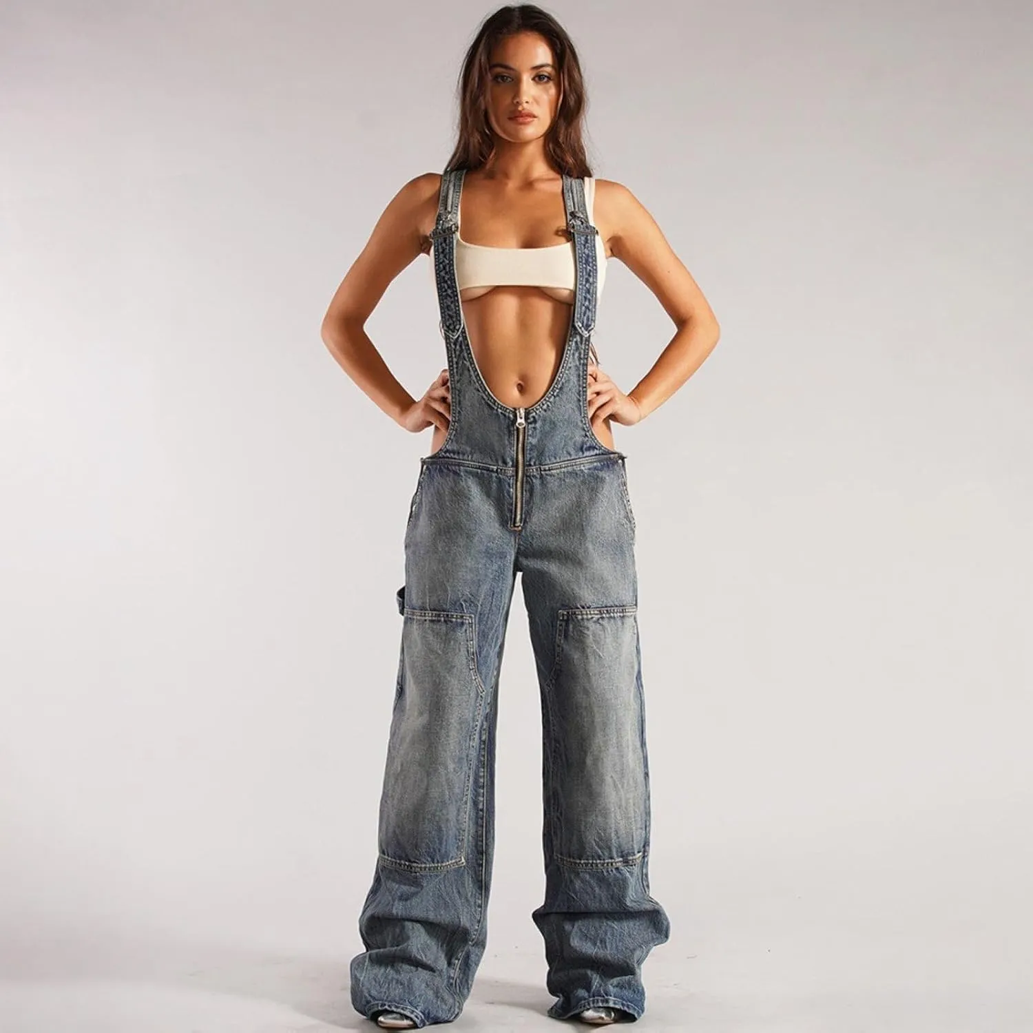 Women's Sexy Denim Bib Overalls Adjustable Strap Jumpsuit for Curvy Women Wide Leg Low Cut Jean Overalls
