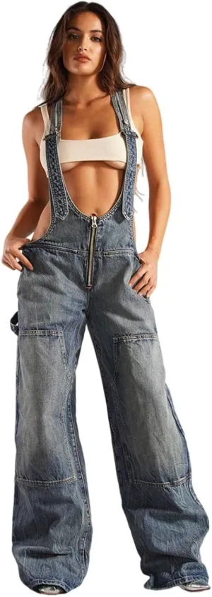 Women's Sexy Denim Bib Overalls Adjustable Strap Jumpsuit for Curvy Women Wide Leg Low Cut Jean Overalls