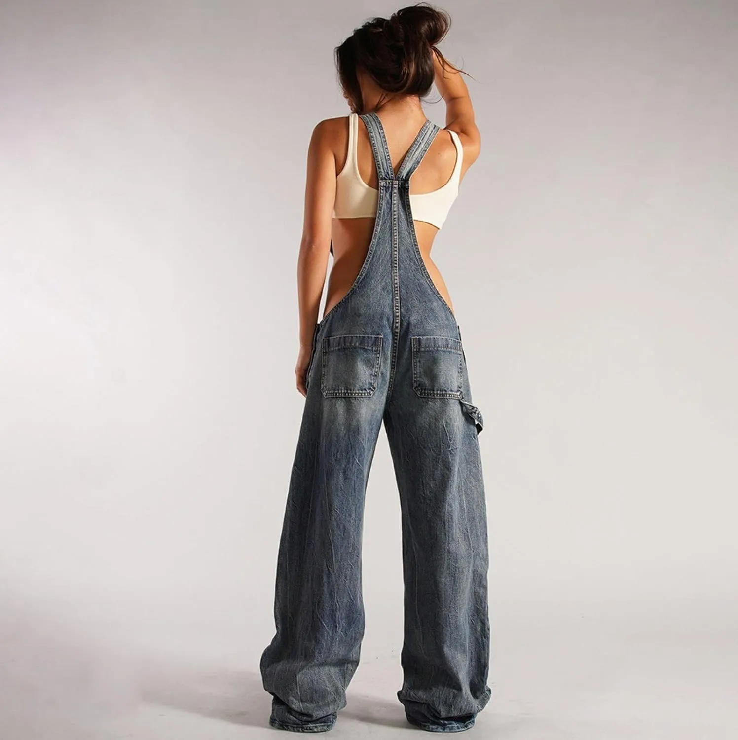 Women's Sexy Denim Bib Overalls Adjustable Strap Jumpsuit for Curvy Women Wide Leg Low Cut Jean Overalls