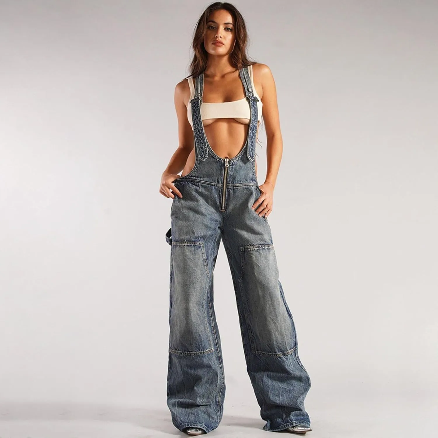 Women's Sexy Denim Bib Overalls Adjustable Strap Jumpsuit for Curvy Women Wide Leg Low Cut Jean Overalls
