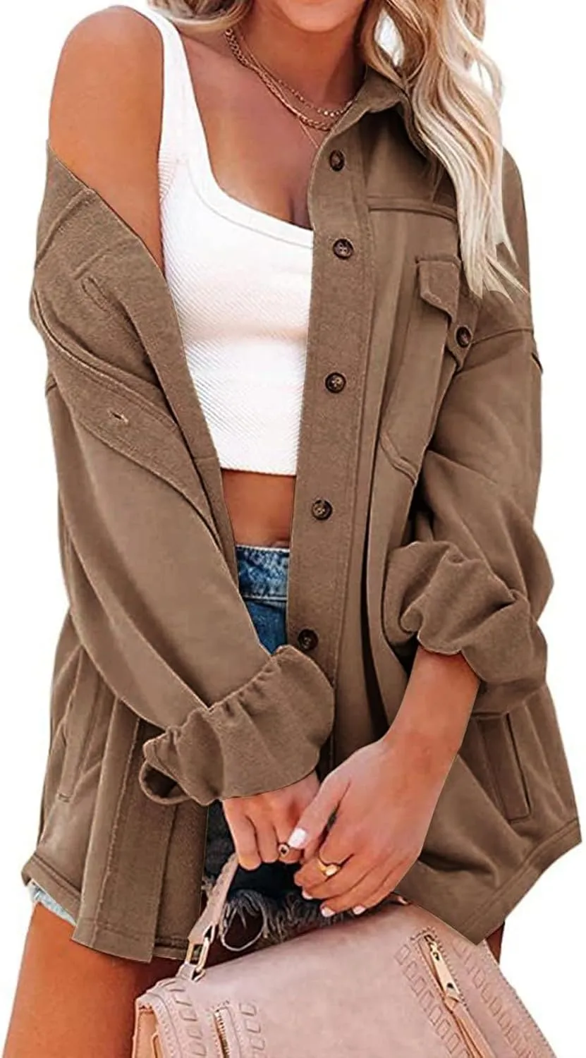 Women's Shacket Jacket Oversized Long Sleeve Trench Drop Shoulder Jacket Outerwear Casual Lightweight Trendy Coat