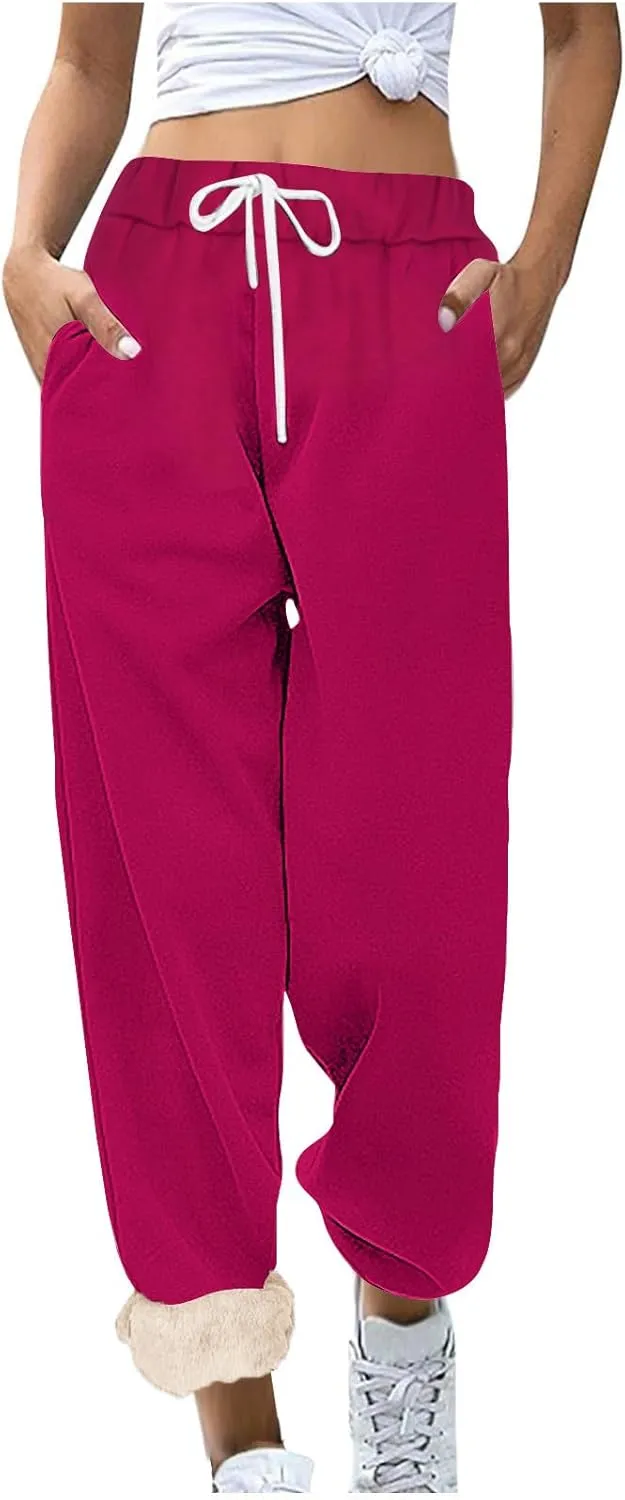 Womens Sherpa Lined Athletic Sweatpants with Pockets Winter Warm Fleece Lined Sweatpants Drawstring Jogger Pants