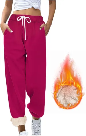 Womens Sherpa Lined Athletic Sweatpants with Pockets Winter Warm Fleece Lined Sweatpants Drawstring Jogger Pants