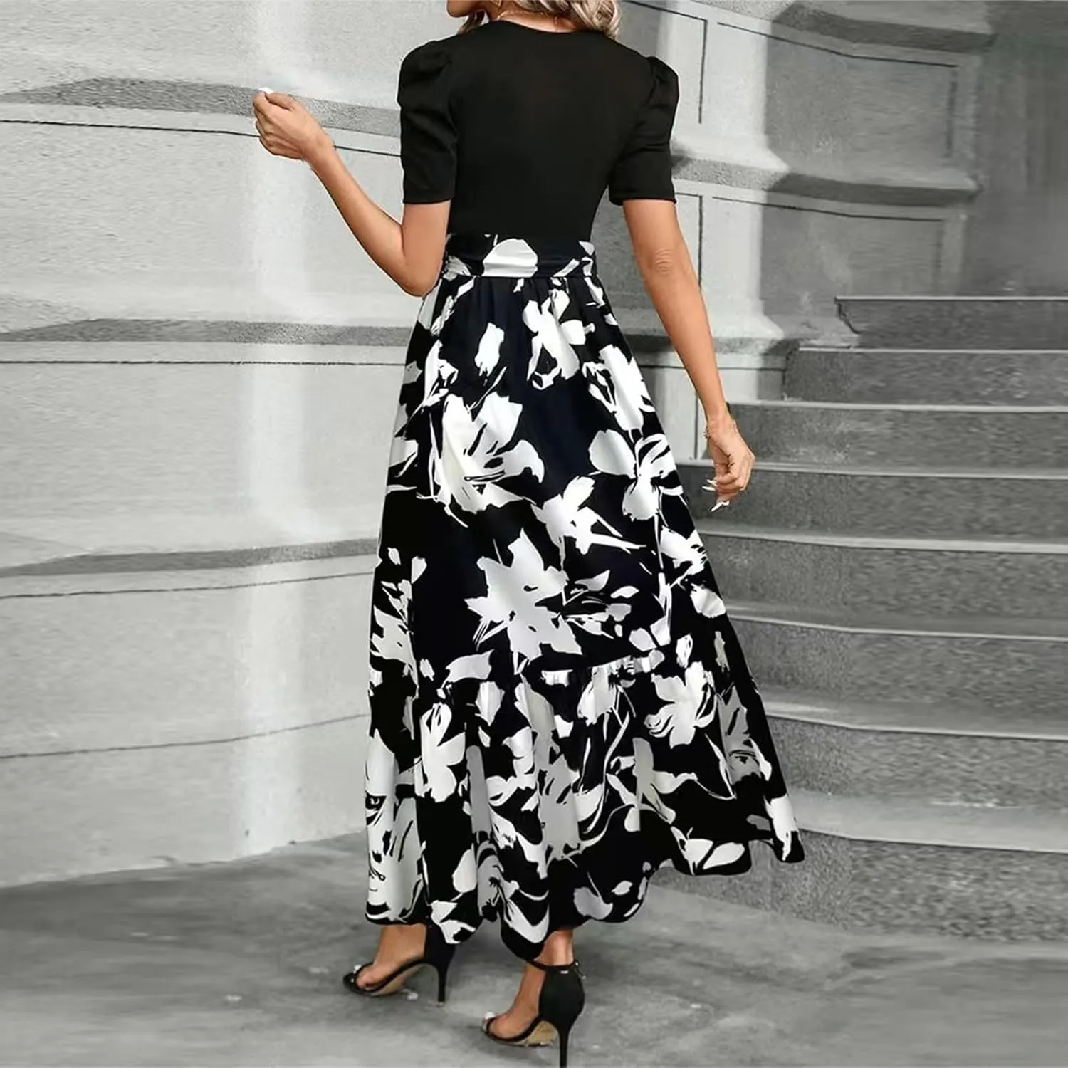 Womens Short Sleeve Maxi Dresses Casual Summer Floral Printed Dress Crewneck Flowy Midi Dress Work Dresses with Belt