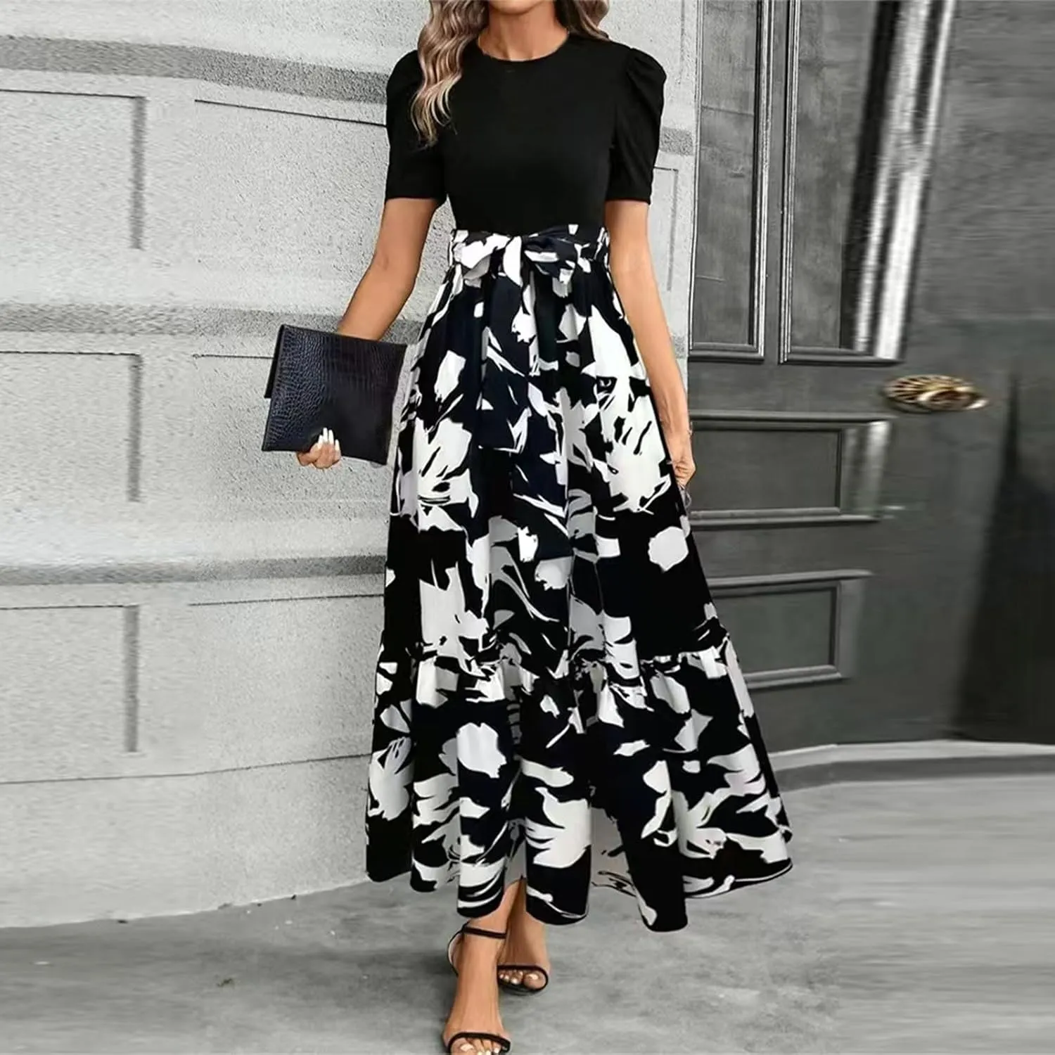 Womens Short Sleeve Maxi Dresses Casual Summer Floral Printed Dress Crewneck Flowy Midi Dress Work Dresses with Belt