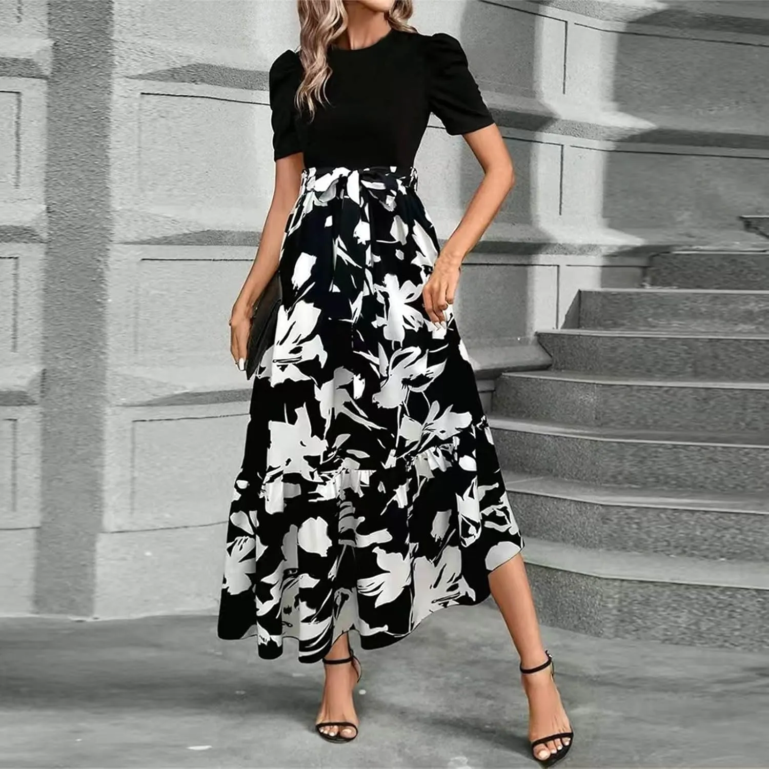 Womens Short Sleeve Maxi Dresses Casual Summer Floral Printed Dress Crewneck Flowy Midi Dress Work Dresses with Belt