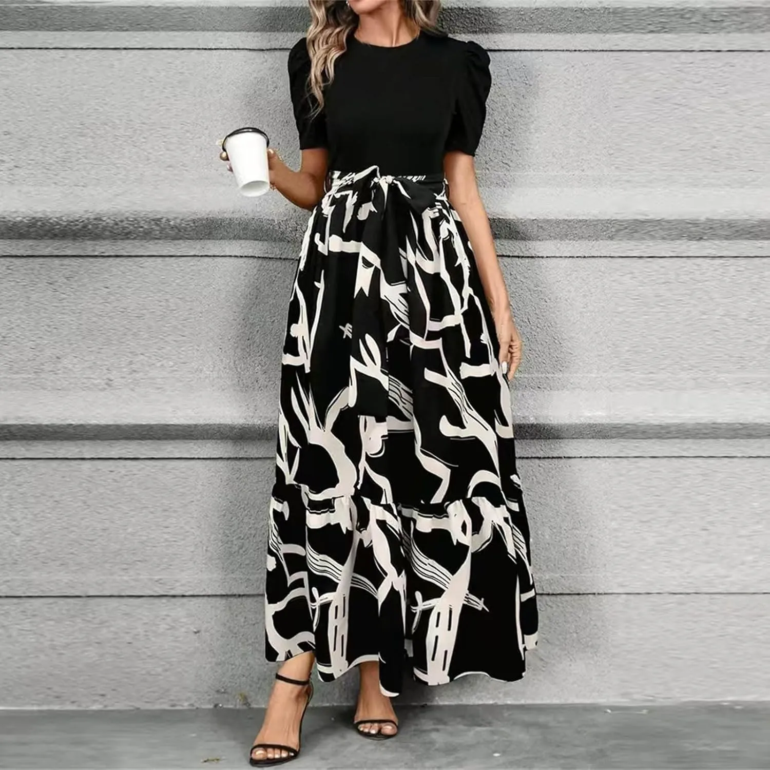 Womens Short Sleeve Maxi Dresses Casual Summer Floral Printed Dress Crewneck Flowy Midi Dress Work Dresses with Belt