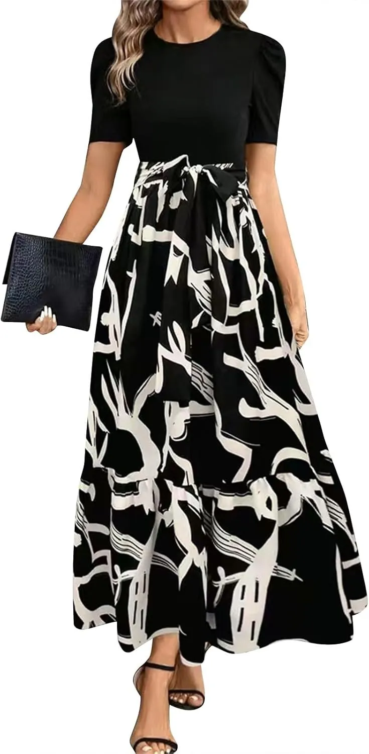 Womens Short Sleeve Maxi Dresses Casual Summer Floral Printed Dress Crewneck Flowy Midi Dress Work Dresses with Belt