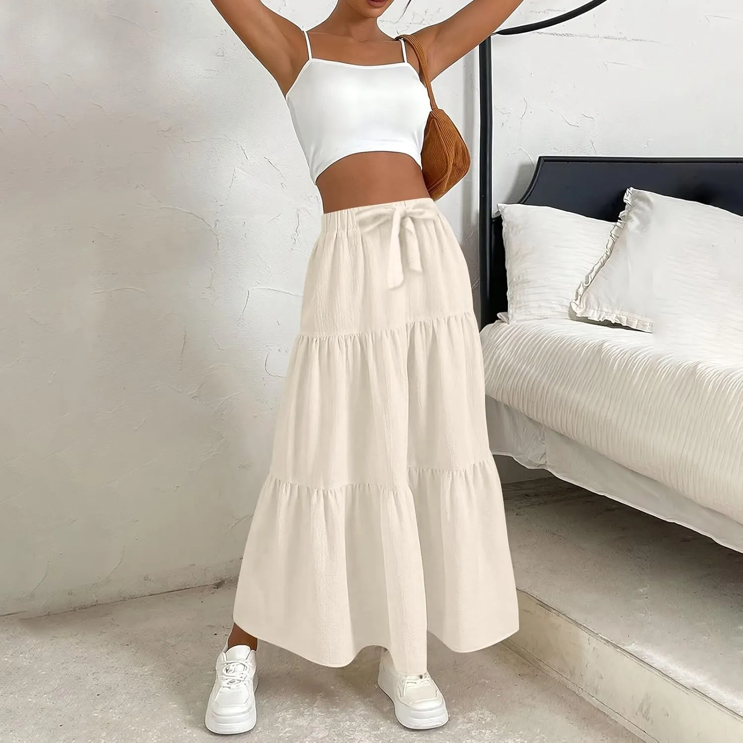 Women's Solid Midi Maxi Skirts 2025 Summer Casual A-Line Elastic High Waist Pleated Flowy Long Skirt Date Vacation Outfits