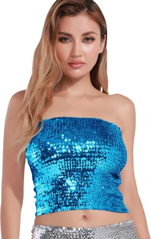 Women's Sparkling Sequin Tube Top Sexy Stretchy Strapless Crop Top Camisole for Costume Party Clubwear