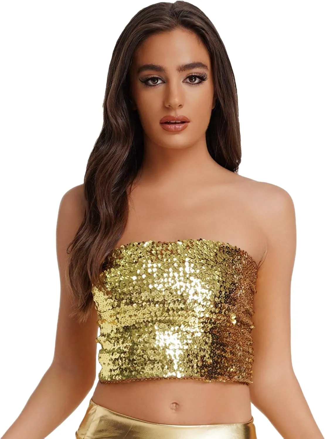 Women's Sparkling Sequin Tube Top Sexy Stretchy Strapless Crop Top Camisole for Costume Party Clubwear