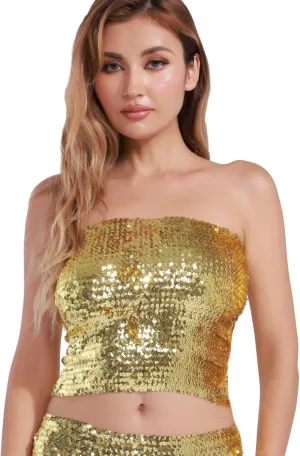 Women's Sparkling Sequin Tube Top Sexy Stretchy Strapless Crop Top Camisole for Costume Party Clubwear