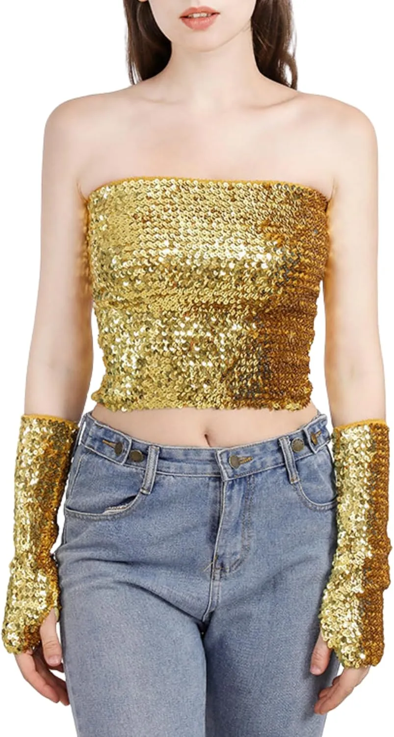 Women's Sparkling Sequin Tube Top Sexy Stretchy Strapless Crop Top Camisole for Costume Party Clubwear