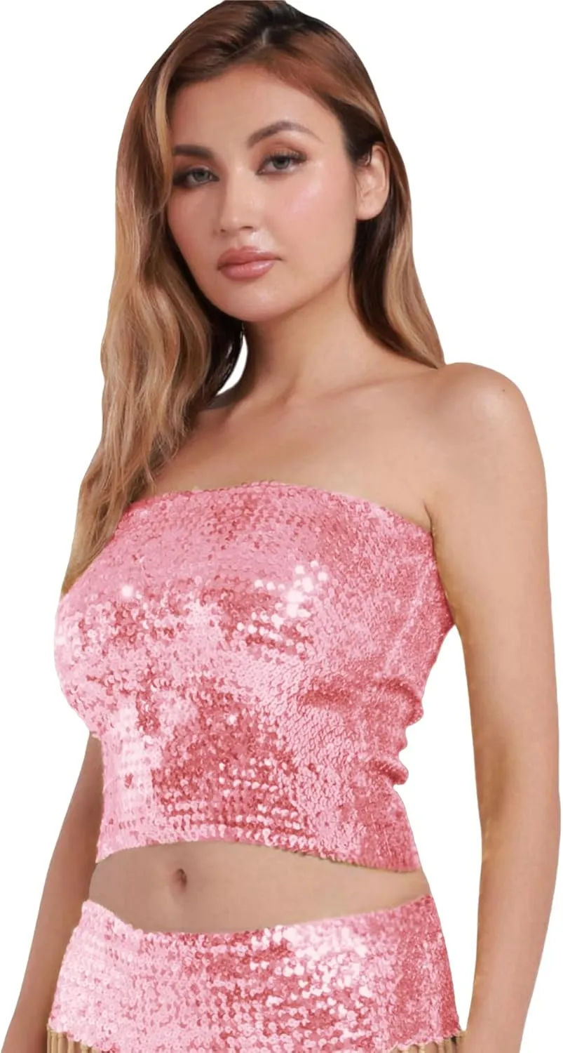 Women's Sparkling Sequin Tube Top Sexy Stretchy Strapless Crop Top Camisole for Costume Party Clubwear
