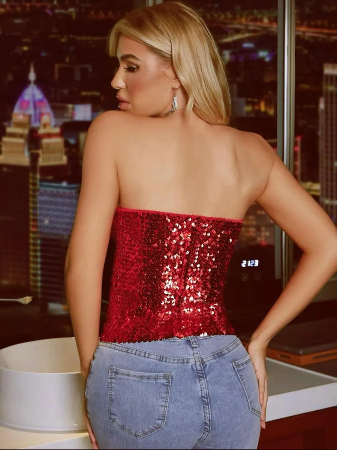 Women's Sparkling Sequin Tube Top Sexy Stretchy Strapless Crop Top Camisole for Costume Party Clubwear