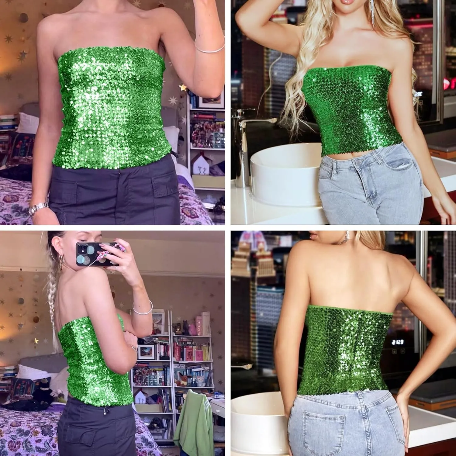 Women's Sparkling Sequin Tube Top Sexy Stretchy Strapless Crop Top Camisole for Costume Party Clubwear