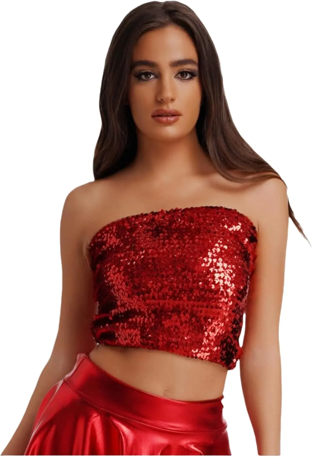 Women's Sparkling Sequin Tube Top Sexy Stretchy Strapless Crop Top Camisole for Costume Party Clubwear