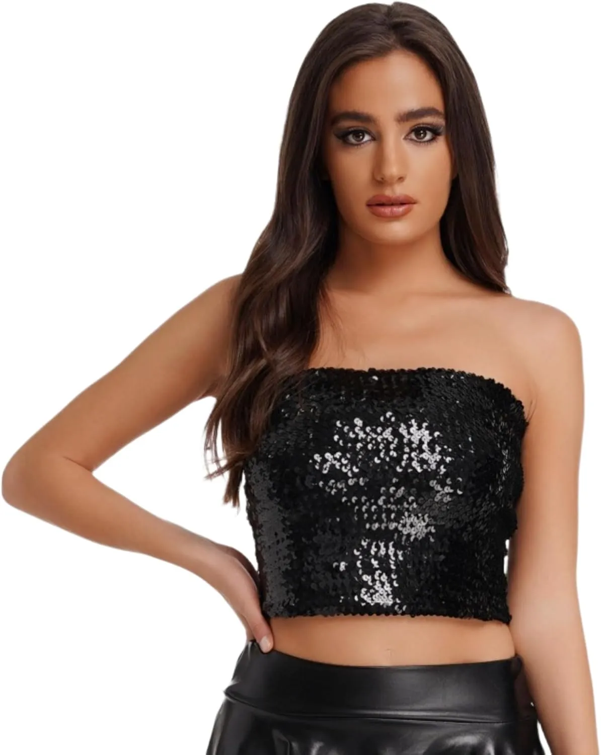Women's Sparkling Sequin Tube Top Sexy Stretchy Strapless Crop Top Camisole for Costume Party Clubwear