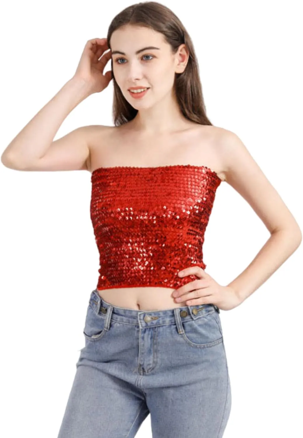 Women's Sparkling Sequin Tube Top Sexy Stretchy Strapless Crop Top Camisole for Costume Party Clubwear