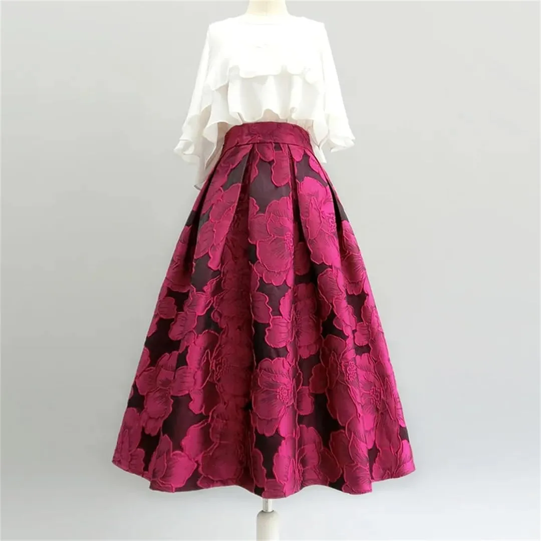 Women's Spring Korean Floral Embroidery Midi Skirt Vintage Fashion High Waist Long Festival Clothes