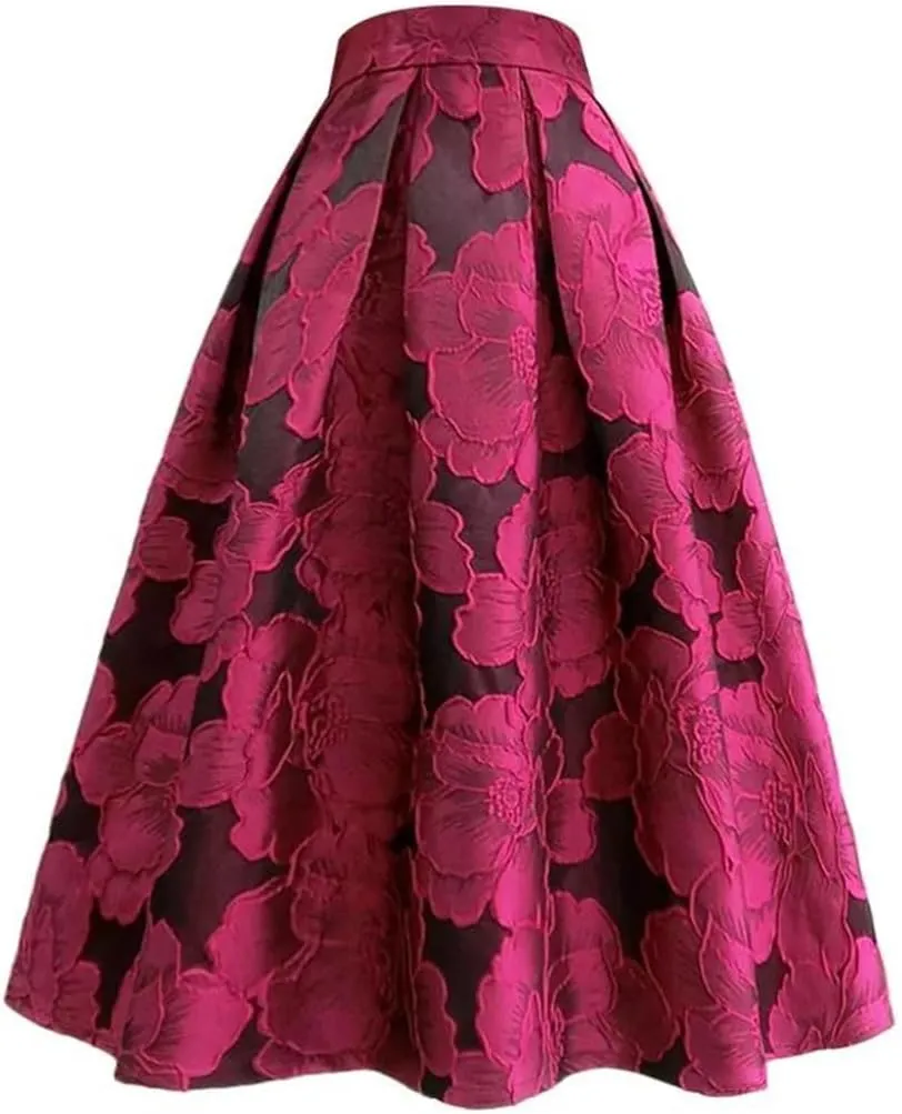 Women's Spring Korean Floral Embroidery Midi Skirt Vintage Fashion High Waist Long Festival Clothes
