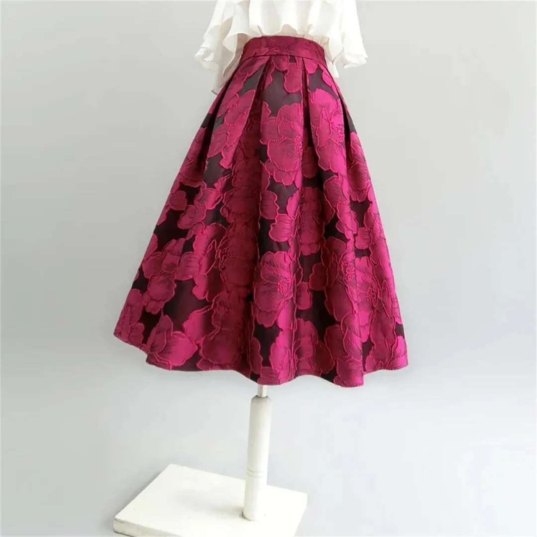 Women's Spring Korean Floral Embroidery Midi Skirt Vintage Fashion High Waist Long Festival Clothes
