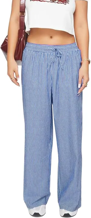 Women's Striped Drawstring Long Pants - Casual Chic Baggy Trousers Elastic Waist Fashion Bottoms for Work Daily Wear (Medium,Dark Blue)