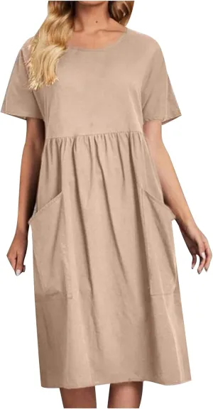 Women's Summer Dress Short Sleeve Round Neck High Waist Dresses Solid Color Cotton Midi Dress Plus Size Casual Dress
