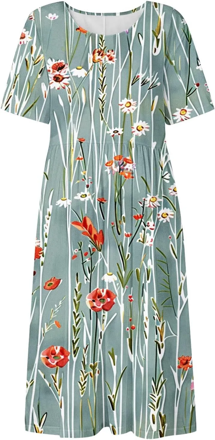 Womens Summer Dresses 2025 Casual Trendy Floral Boho Maxi Dress Flowy Spring Short Sleeve Shirt Dress with Pocket