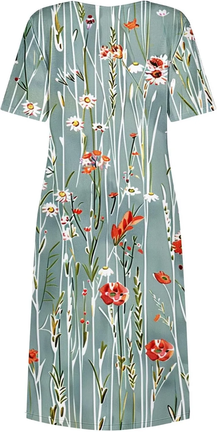 Womens Summer Dresses 2025 Casual Trendy Floral Boho Maxi Dress Flowy Spring Short Sleeve Shirt Dress with Pocket