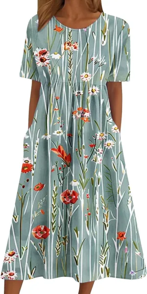 Womens Summer Dresses 2025 Casual Trendy Floral Boho Maxi Dress Flowy Spring Short Sleeve Shirt Dress with Pocket