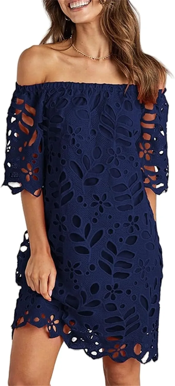 Women's Summer Dresses, Elegant Off Shoulder Floral Lace Hollow 1/2 Sleeve Ruffle Mini Dress