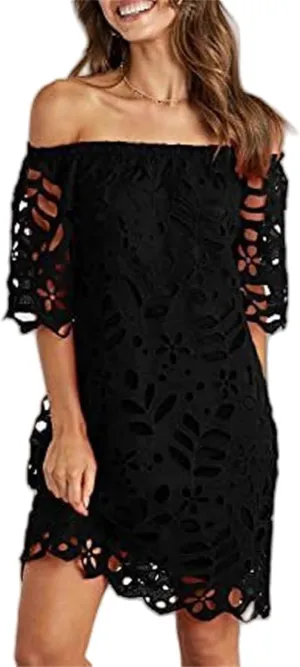 Women's Summer Dresses, Elegant Off Shoulder Floral Lace Hollow 1/2 Sleeve Ruffle Mini Dress
