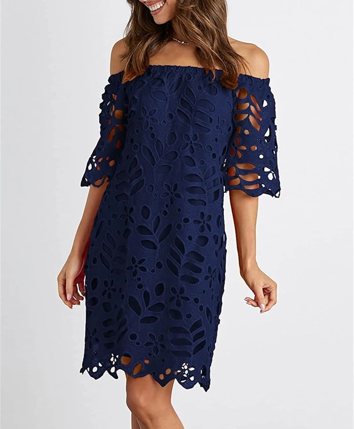 Women's Summer Dresses, Elegant Off Shoulder Floral Lace Hollow 1/2 Sleeve Ruffle Mini Dress