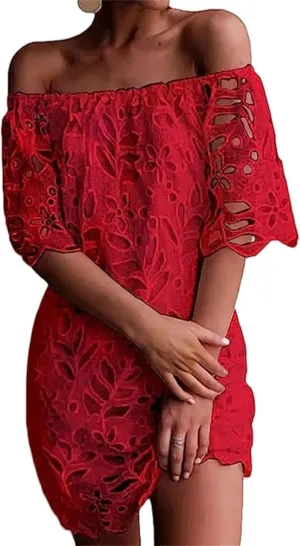 Women's Summer Dresses, Elegant Off Shoulder Floral Lace Hollow 1/2 Sleeve Ruffle Mini Dress