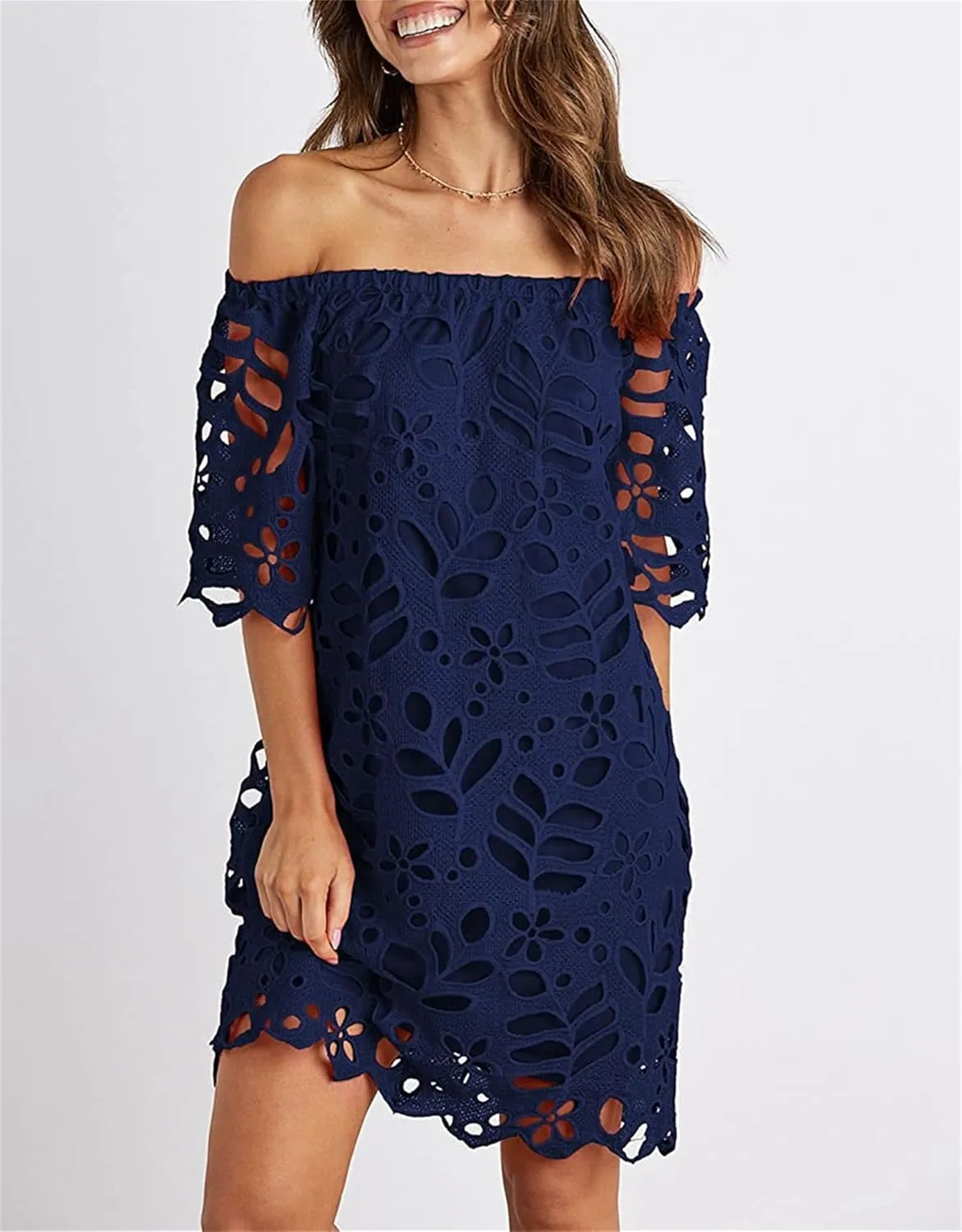 Women's Summer Dresses, Elegant Off Shoulder Floral Lace Hollow 1/2 Sleeve Ruffle Mini Dress
