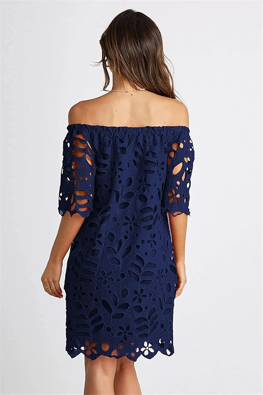 Women's Summer Dresses, Elegant Off Shoulder Floral Lace Hollow 1/2 Sleeve Ruffle Mini Dress