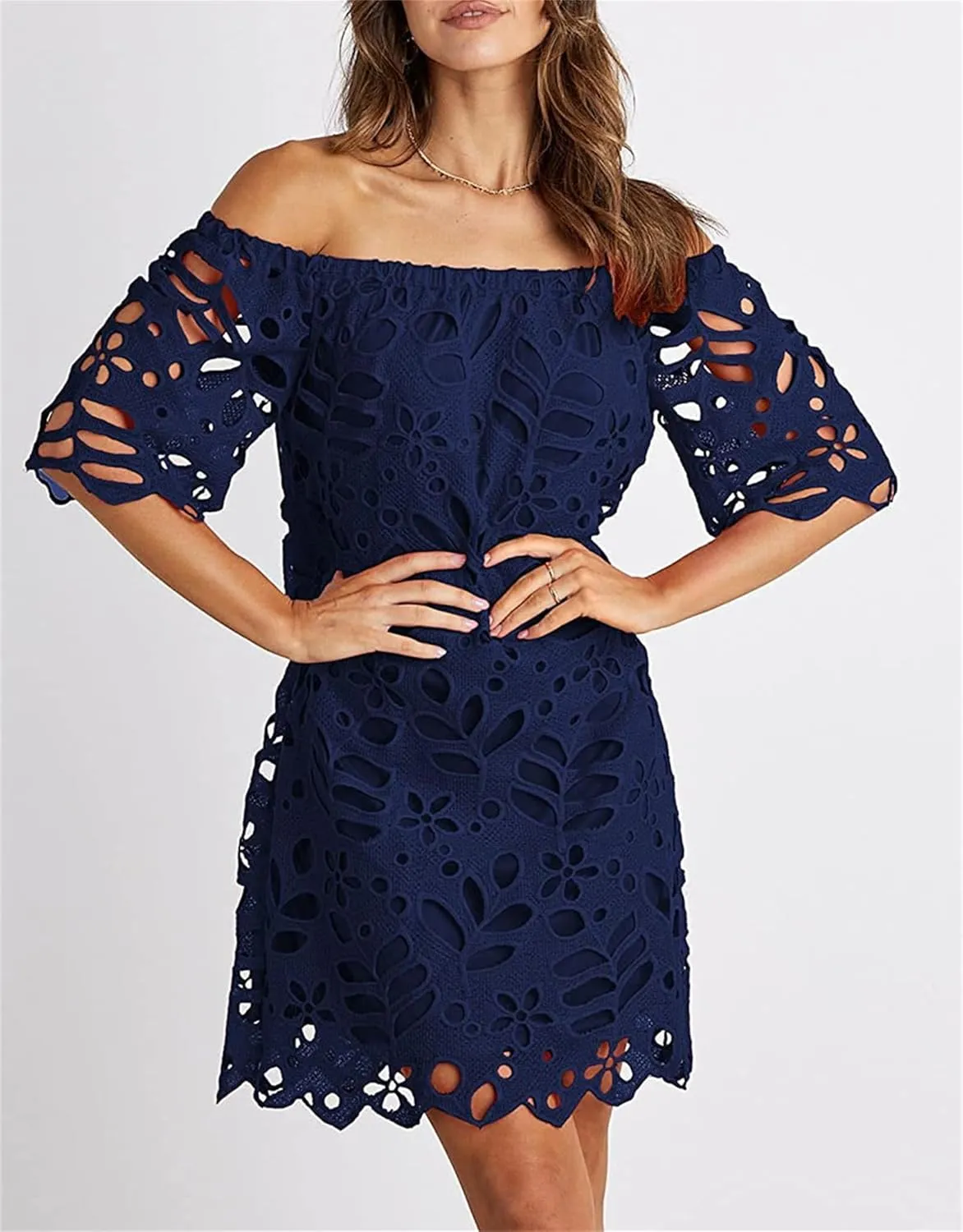 Women's Summer Dresses, Elegant Off Shoulder Floral Lace Hollow 1/2 Sleeve Ruffle Mini Dress