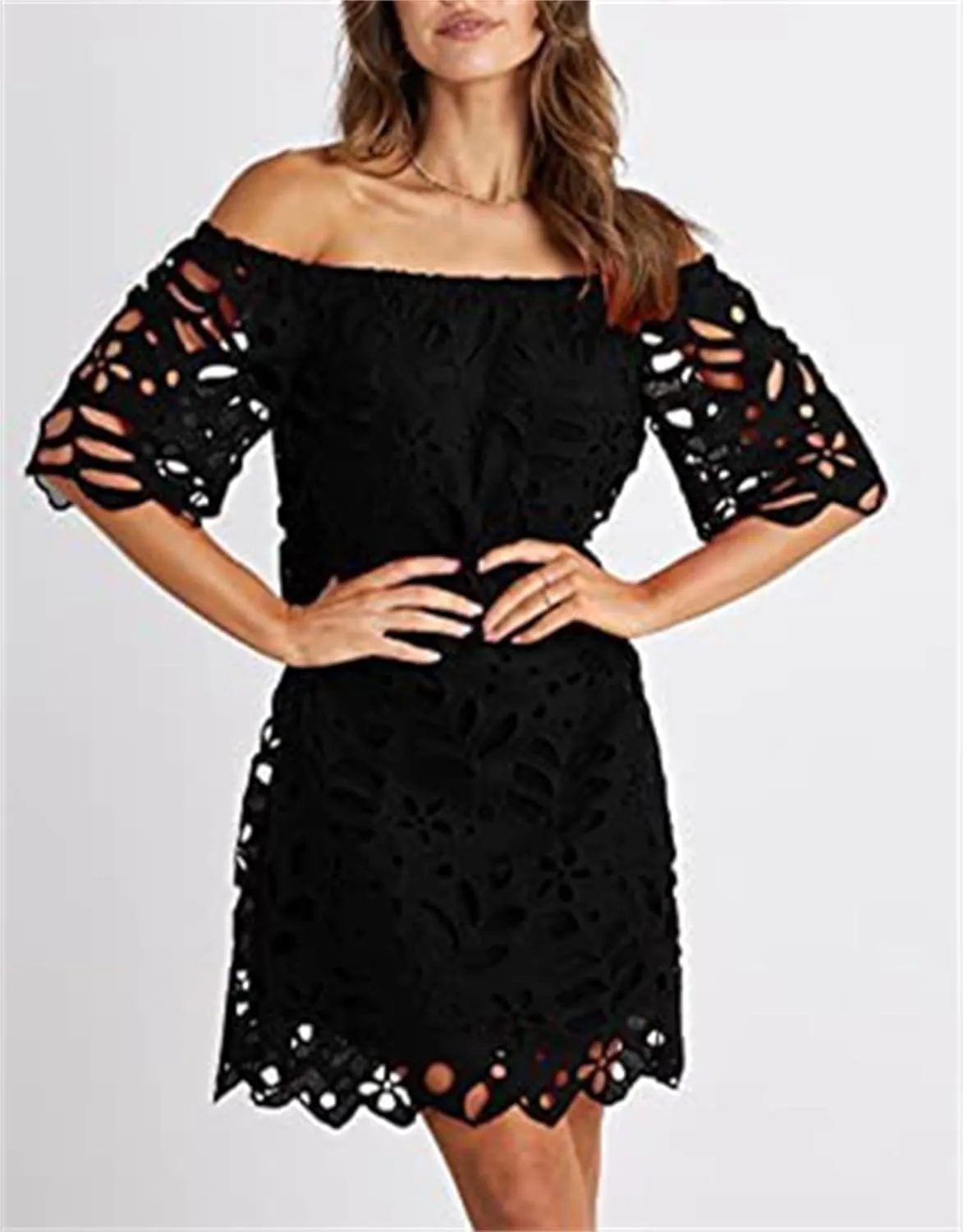 Women's Summer Dresses, Elegant Off Shoulder Floral Lace Hollow 1/2 Sleeve Ruffle Mini Dress