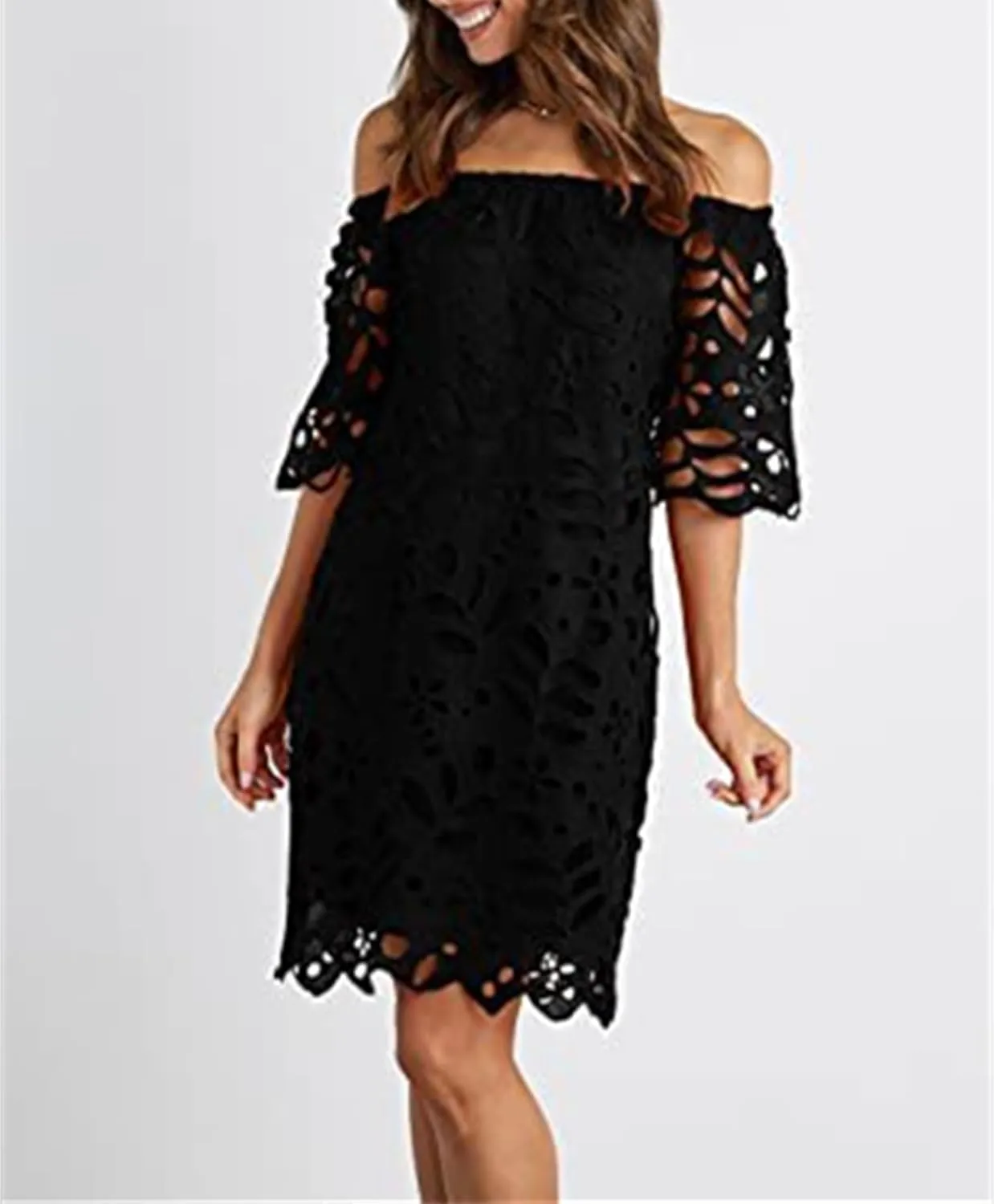 Women's Summer Dresses, Elegant Off Shoulder Floral Lace Hollow 1/2 Sleeve Ruffle Mini Dress