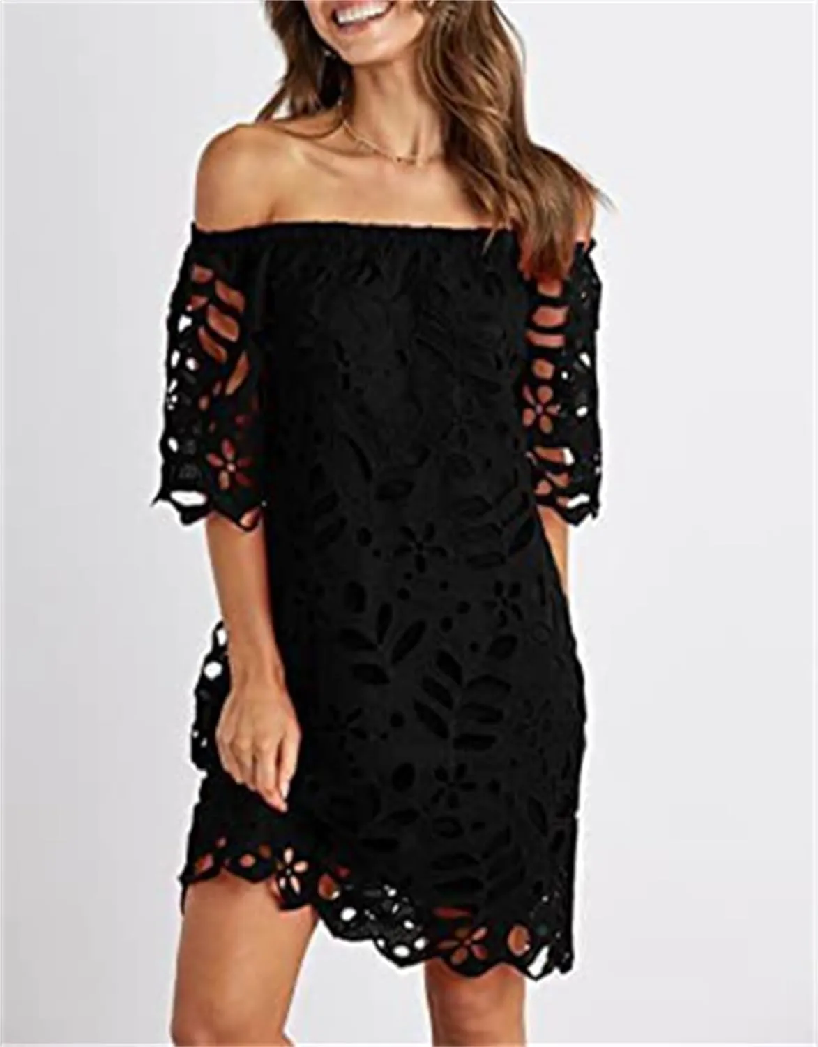 Women's Summer Dresses, Elegant Off Shoulder Floral Lace Hollow 1/2 Sleeve Ruffle Mini Dress