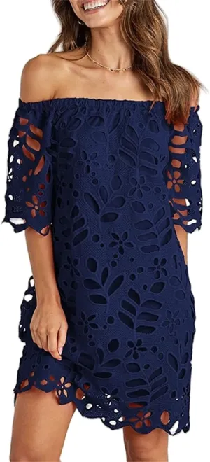 Women's Summer Dresses, Elegant Off Shoulder Floral Lace Hollow 1/2 Sleeve Ruffle Mini Dress
