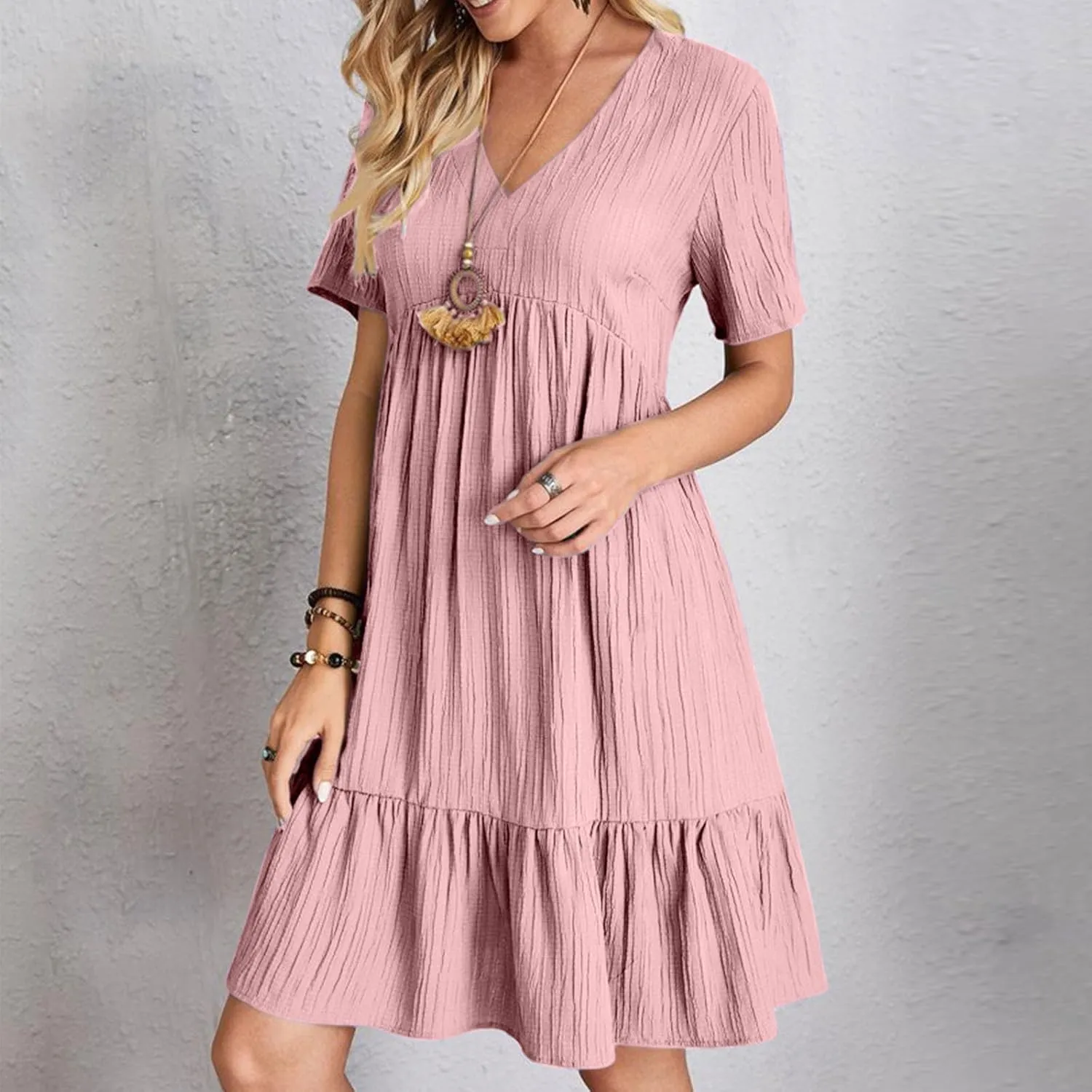 Womens Summer Dresses Sleeveless V Neck Casual Swing Flowy Tiered Ruffle A Line Mini Dress Beach Sundress 2025
