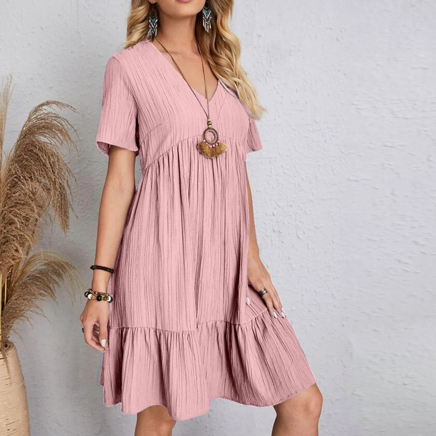 Womens Summer Dresses Sleeveless V Neck Casual Swing Flowy Tiered Ruffle A Line Mini Dress Beach Sundress 2025