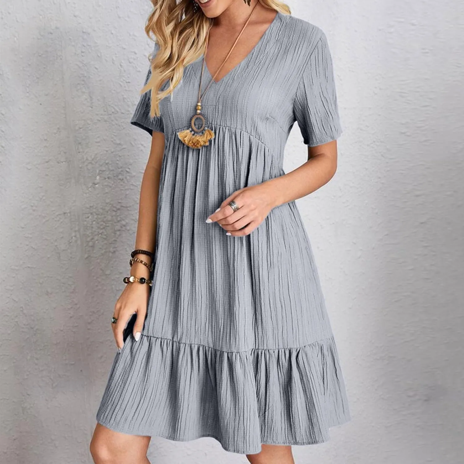 Womens Summer Dresses Sleeveless V Neck Casual Swing Flowy Tiered Ruffle A Line Mini Dress Beach Sundress 2025