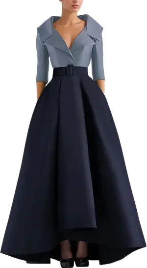 Women's Summer Elegant Gorgeous Navy Color Block V Neck High Waist Ruffle Short Sleeve Dinner Party Maxi Dress
