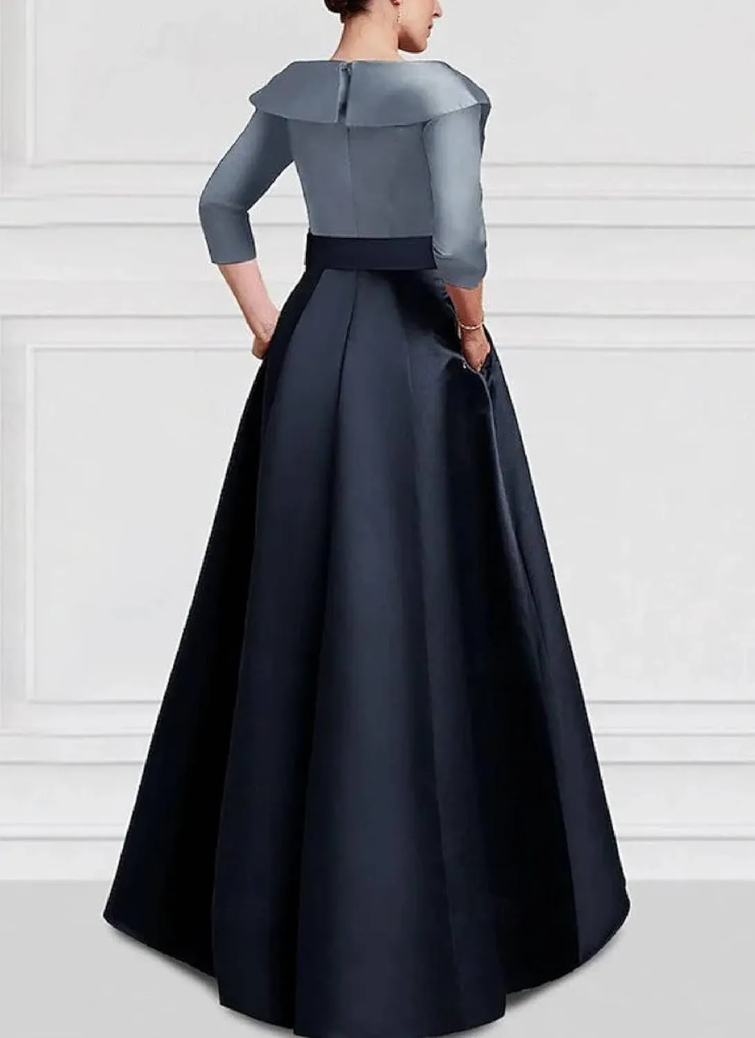 Women's Summer Elegant Gorgeous Navy Color Block V Neck High Waist Ruffle Short Sleeve Dinner Party Maxi Dress