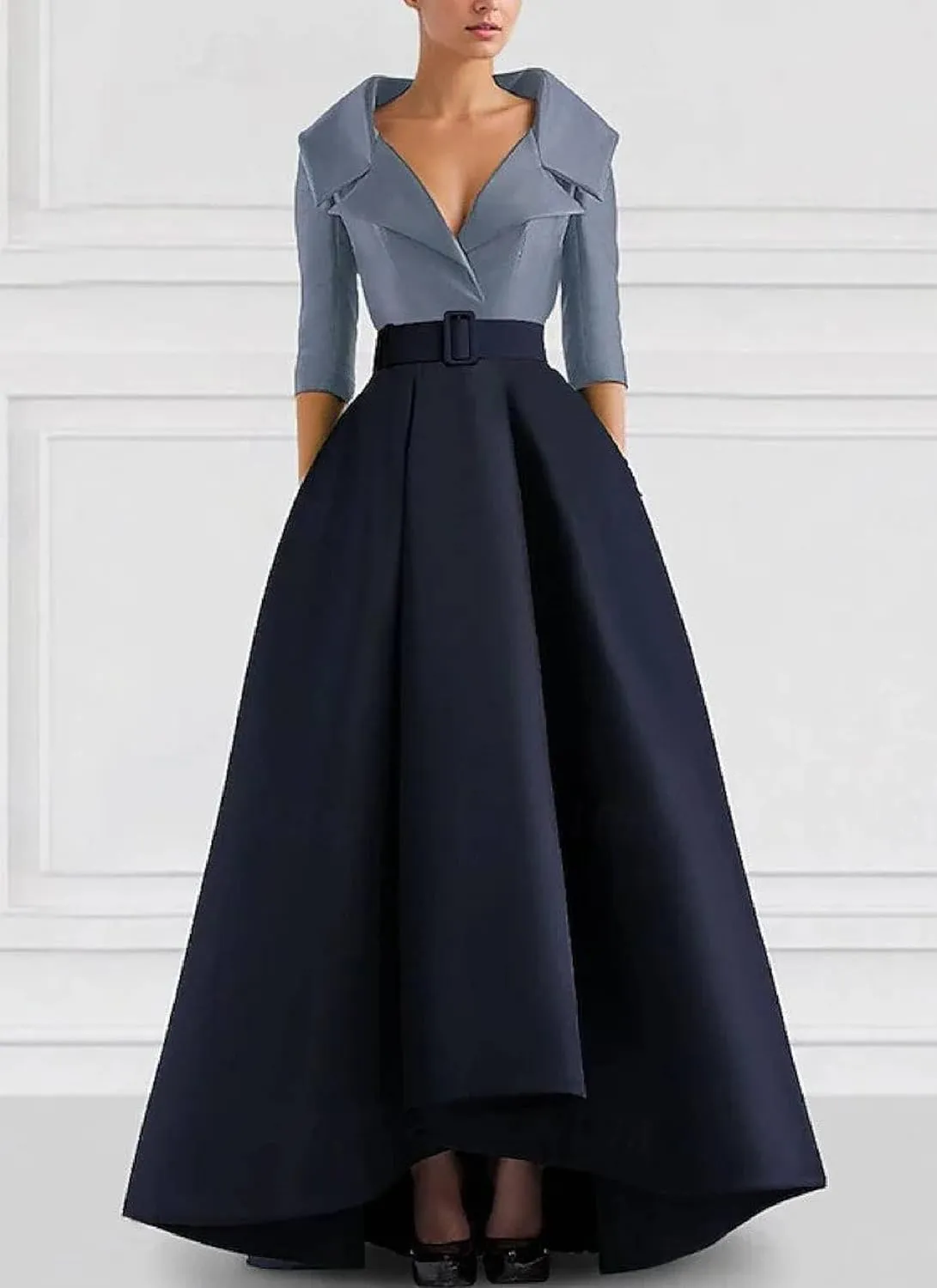 Women's Summer Elegant Gorgeous Navy Color Block V Neck High Waist Ruffle Short Sleeve Dinner Party Maxi Dress